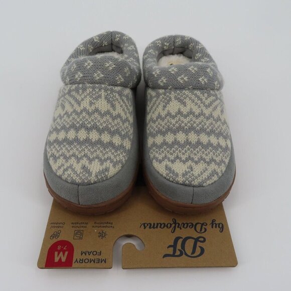 Dearfoams Medium 7-8 Gray Sweater Knit Indoor Outdoor Memory Foam Slippers NEW - Picture 2 of 13